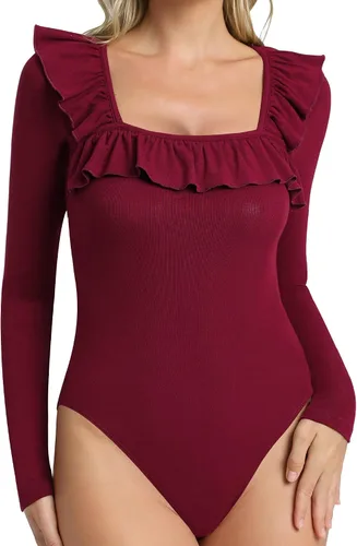 Vista 2 de MANGOPOP Lindo body de manga larga con cuello cuadrado y tirantes para mujer