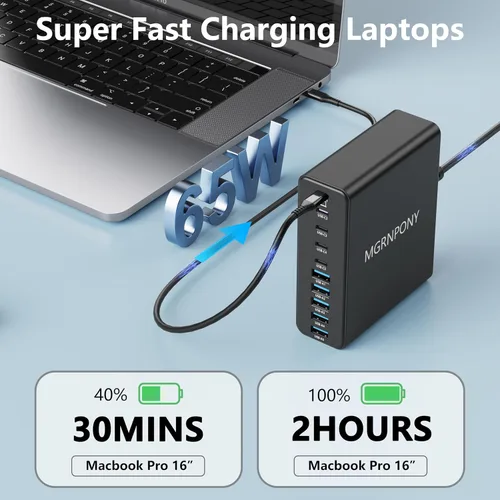 Vista 3 de Bloque de Cargador USB C de 320W, Estación de Carga de 10 Puertos USB C GaN III PD 65W Adaptador de Carga Rápida para Laptop para MacBook Pro/Air