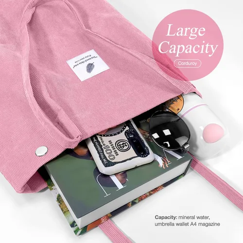Vista 5 de Tote - Bolsa de hombro reutilizable de pana de gran capacidad con bolsillos interiores para mujeres y niñas