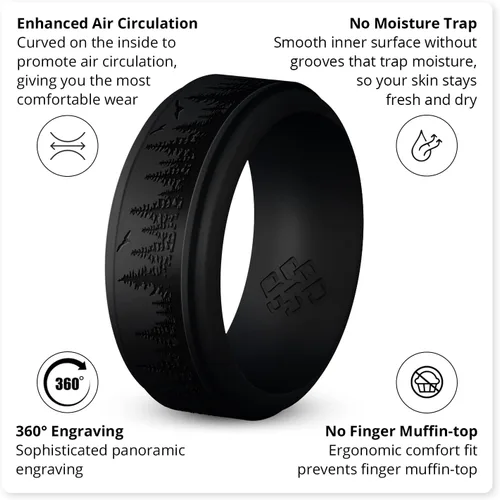 Vista 33 de Knot Theory Anillo de silicona para hombre, grabado de montaña, ondas, bosque, ancho de banda de 0.315 pulgadas, transpirable, ajuste cómodo