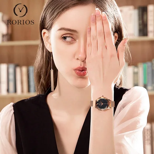 Vista 2 de RORIOS Reloj de pulsera simple para mujer, con esfera de cielo estrellado, hebilla de banda de malla, fácil de usar con diamantes simulados, reloj