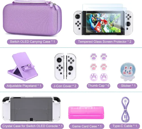Vista 3 de Younik Switch OLED Accessories Bundle, 16 in 1 Accessories Kit Includes Switch OLED Carrying Case, Protective Case Cover for Console & J-Con, Screen
