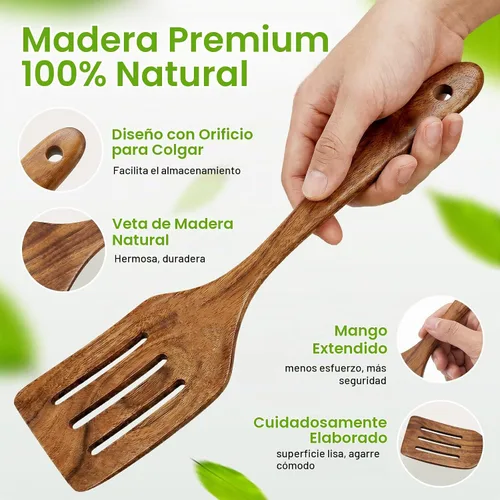 Vista 3 de AIUHI 2 espátulas de madera, mango largo de madera de teca, espátula plana para freír, utensilios de cocina antiadherentes para cocina