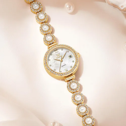 Vista 7 de OLEVS Reloj de pulsera analógico de lujo con cara pequeña para mujer, delicado e impermeable con perlas y diamantes, reloj para mujer con fecha