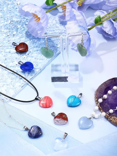 Vista 4 de Hicarer Colgantes de piedra en forma de corazón, collares de piedra con cordón de cuero sintético para suministros de fabricación de joyas