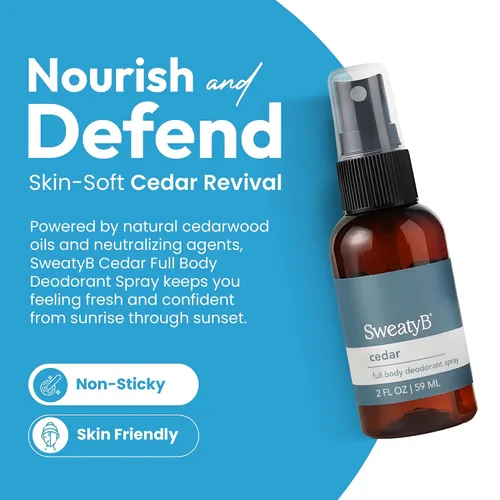 Vista 3 de SweatyB® Spray desodorante de cuerpo completo, no irritante, sensible a la piel, para mujeres y hombres, fabricado en Estados Unidos, cedro, 2