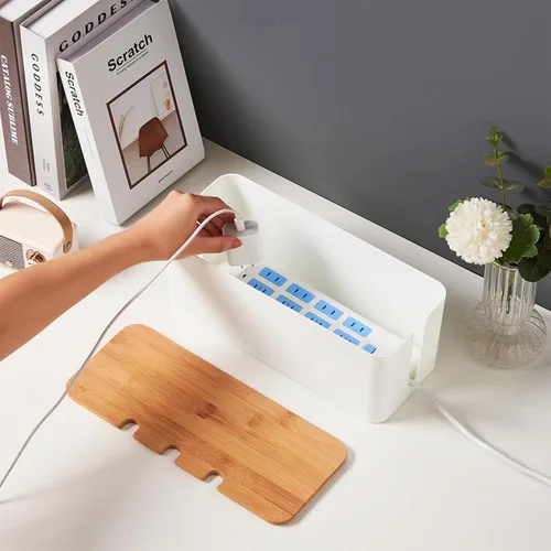 Vista 3 de Caja de organización de cables con tapa de bambú, caja organizadora de cables para ocultar cables y regletas de alimentación, cable de extensión