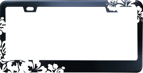 Vista 6 de Marco de matrícula de acero inoxidable negro con hibisco aloha y piña de Hawái para hombres/mujeres con 2 tapas de tornillo para vehículos de EE.