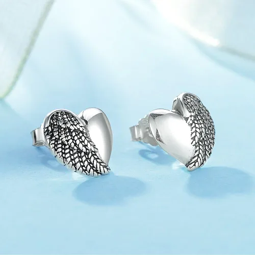 Vista 5 de Aretes de corazón de ala de ángel en plata de ley antigua 925 con espalda de mariposa 0.433x0.406 in, Plata de ley Turquesa Perla
