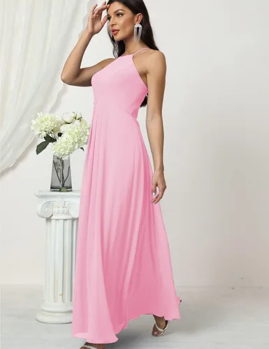 Vista 4 de Vestido de dama de honor largo formal para fiesta de noche, boda, regreso a casa, Rosa (Candy Pink), 2