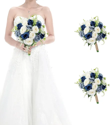 Vista 29 de Ramos para dama de honor para boda - Ramo de flores artificiales de 7 pulgadas para fiesta, ceremonia, aniversario, centros de mesa para mesa de Azul
