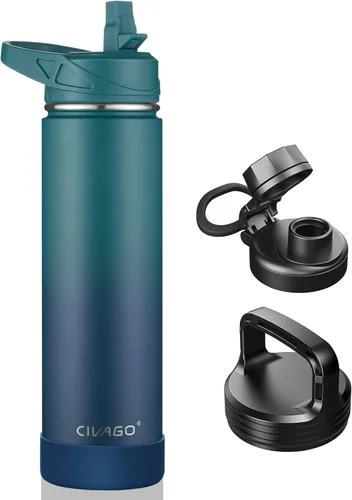 Vista 28 de CIVAGO Botella de agua aislada de 22 onzas con pajita, frasco de agua deportiva de acero inoxidable con 3 tapas