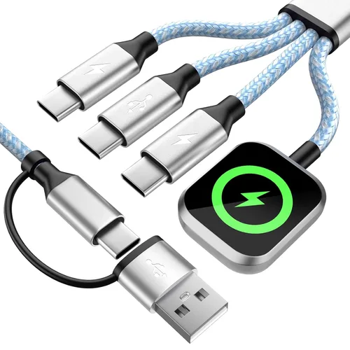 Vista 11 de Cable de Carga Múltiple para Cargador de Apple Watch, 4 en 1 Cable Cargador de Teléfono USB A/C con Doble Tipo-C/IP, Cable Magnético iWatch de Nylon