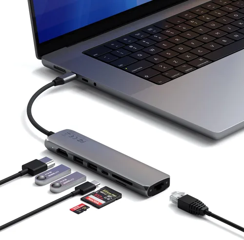 Vista 10 de Satechi Adaptador multipuerto USB C 7 en 1 con Ethernet, HDMI 4K a 60Hz, carga PD de 100 W, 2 puertos de datos USB-A, lectores de tarjetas Micro/SD