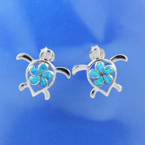 Vista 2 de Hermosos aretes hawaianos grandes de tortuga marina, de plata de ley, ópalo azul, plumeria, tortuga, E8901, Metal, ópalo azul