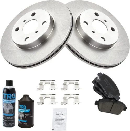 Vista 3 de TRQ Rotor de freno de disco delantero y pastillas de freno de cerámica con líquido de frenos y kit de limpiador compatible con Scion xA 2004-2006