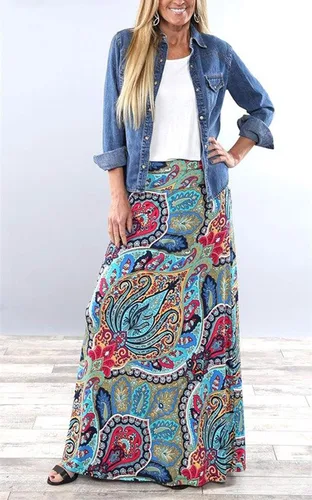 Vista 2 de Yinggeli - Falda larga de estampado bohemio para mujer