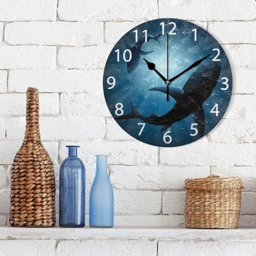 Vista 3 de senya Reloj de pared redondo de tiburones bajo el agua, pintura al óleo silenciosa sin tictac, decorativo para el hogar, oficina, escuela, reloj
