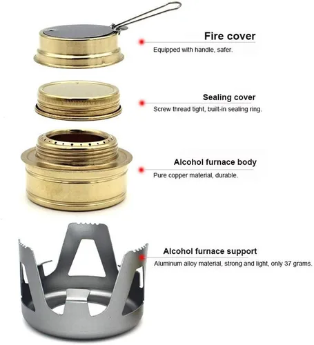 Vista 6 de Mini estufa de alcohol portátil al aire libre quemador ultraligero juego de utensilios de cocina para acampar al aire libre, senderismo, mochilero