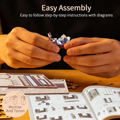 Vista 6 de BELEEV Kit de rincón de libros – Librero de madera en miniatura con luces LED, puerta que se puede abrir, rompecabezas 3D, decoración de estantería