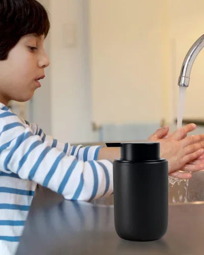 Vista 4 de BosilunLife Dispensador de jabón de manos de cerámica negra – Juego de dispensador de espuma y loción de 12 onzas para fregadero de cocina y baño