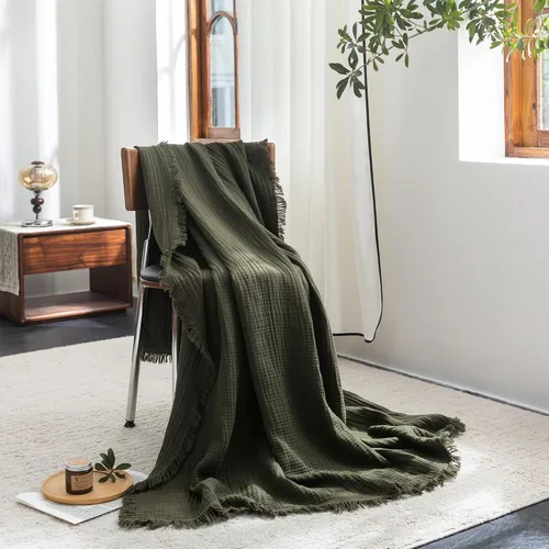 Vista 58 de FOSSA Manta de Muselina con Flecos - Gasa de Algodón 100% de 4 Capas Súper Suave y Transpirable - Manta Decorativa Ligera y Refrescante para Cama