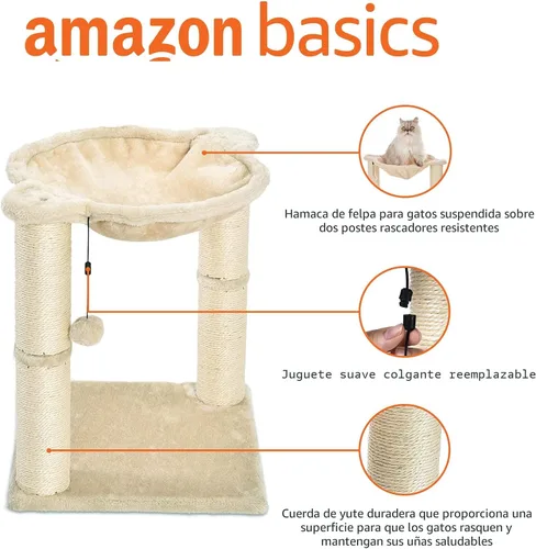 Vista 2 de Amazon Basics - Torre para gatos con hamaca y postes rascadores para gatos de interior, 15.8 x 15.8 x 19.7 pulgadas, beige