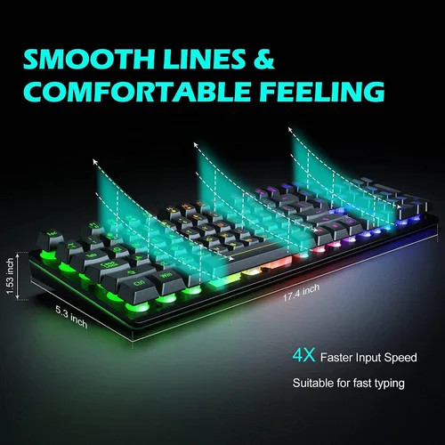 Vista 3 de Teclado para juegos, teclado de membrana con cable de 105 teclas, teclado retroiluminado LED arcoíris, diseño de tecla flotante, panel de aleación
