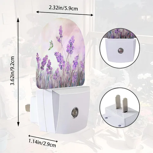 Vista 2 de Luz nocturna de mariposa con flores de lavanda, luces nocturnas enchufables a la pared con sensor de atardecer a amanecer, lámpara para dormitorio