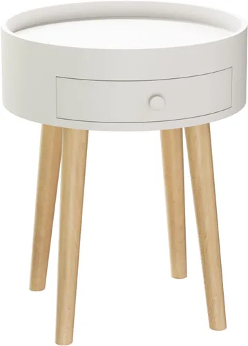 Vista 7 de Mesa auxiliar redonda blanca para sala de estar, mesita de noche moderna, mesa de centro pequeña con cajón para dormitorio, espacio pequeño, patas