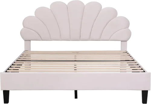 Vista 5 de Base de cama tapizada Queen con cabecero, cama moderna de plataforma de terciopelo con patrón de flores, soporte de listones de madera, tamaño Beige