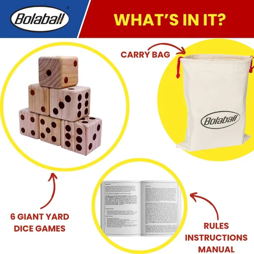 Vista 3 de Bolaball Juego de dados gigantes de madera de 3.5 pulgadas para patio – Kit de diversión duradero para exteriores incluye 6 dados grandes con bolsa