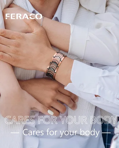 Vista 3 de Feraco Pulsera de cobre para hombre 3 veces más fuerza, 2 pulseras de terapia magnética de cobre con potentes imanes de 3800 Gauss, cierre plegable