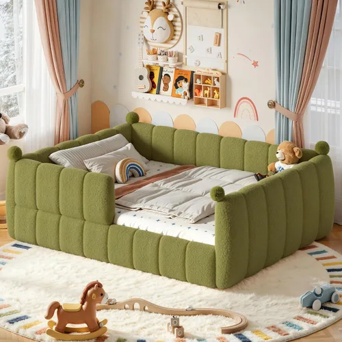 Vista 21 de Bellemave Cama Montessori tapizada de vellón de peluche de tamaño matrimonial con valla, marco de cama infantil de perfil bajo con barandillas