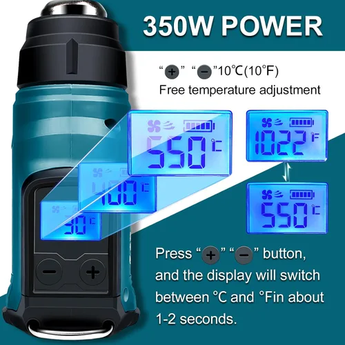 Vista 4 de Pistola de calor inalámbrica para batería Makita de 18V, pistola de aire caliente de soldadura de 350W con calentamiento rápido de 122℉-1022℉