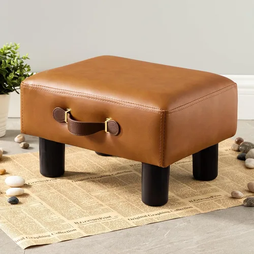 Vista 8 de Taburete de pie pequeño con asa, reposapiés corto de piel sintética negra, taburetes rectangulares de almacenamiento otomano con patas de plástico