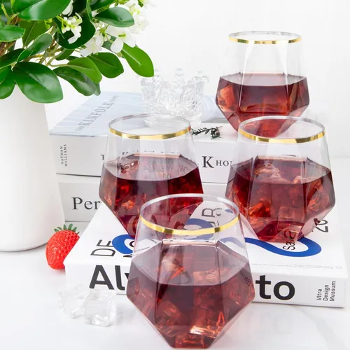 Vista 3 de LUODA Juego de 24 copas de vino de plástico con forma de diamante dorado, desechables, de 12 onzas, para cumpleaños, inauguración de la casa y bodas