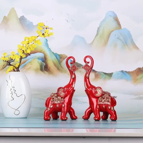 Vista 8 de Estatuas de elefante rojo para decoración del hogar, un par de estatuas de elefante de la suerte rojas y esculturas decorativas para la sala
