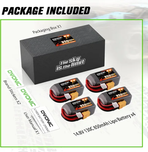 Vista 6 de OVONIC 130C 4S 850mah Lipo Batería 14.8V Pack con XT60 Plug para FPV Racing