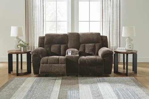 Vista 14 de Signature Design by Ashley Frohn - Sofá biplaza reclinable doble manual moderno con consola, almacenamiento y portavasos, color marrón oscuro