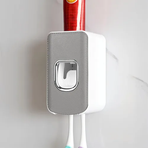 Vista 27 de Soporte de plástico para cepillos de dientes de 2 ranuras y dispensador de pasta de dientes montado en la pared, exprimidor automático de pasta