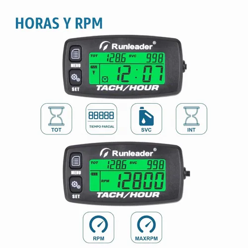 Vista 2 de Runleader Tacómetro digital de motor de gas, registro de horas y rpm, medidor de horas de luz de fondo, batería reemplazable para cortacésped