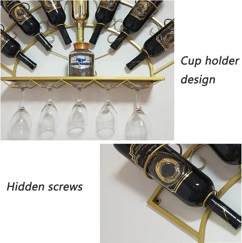 Vista 5 de Estante de metal para 7 botellas de vino, soporte para vino montado en la pared con estantes, estante de bar para licor, estante flotante para copas