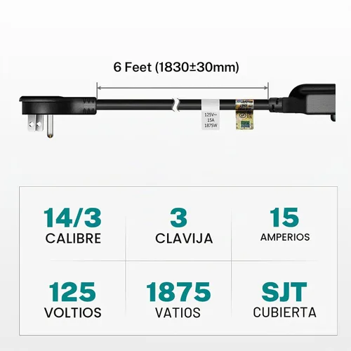 Vista 7 de FIRMERST 1875W 6 pies 15A Cable de extensión de enchufe plano de perfil bajo 14 AWG negro, listado UL