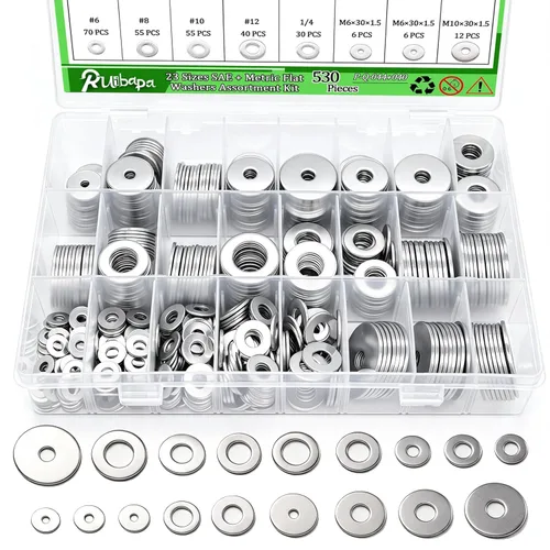 Vista 7 de Kit surtido de arandelas planas de acero inoxidable 304 de 270 piezas, 8 Plateado