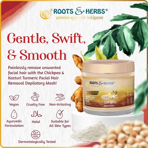 Vista 3 de Chickpea & Kasturi Turmeric - Polvo de depilación facial para hombres y mujeres, mentón, mandíbula y labios superiores, máscara depiladora