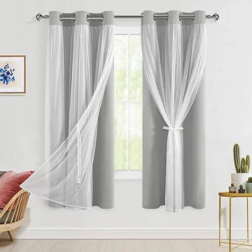 Vista 56 de Hiasan Cortinas opacas con superposición transparente, aislamiento térmico para mezclar y combinar de doble capa, cortinas de oscurecimiento de Beige