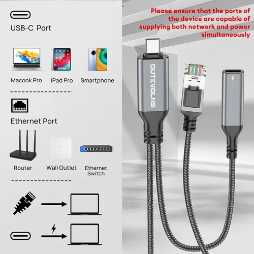Vista 2 de Cable USB C a Ethernet y carga hembra de 6.6 pies, USB-C hembra 60 W PD y Gigabit LAN dos en uno, cable de nailon tipo C a RJ45, conectado
