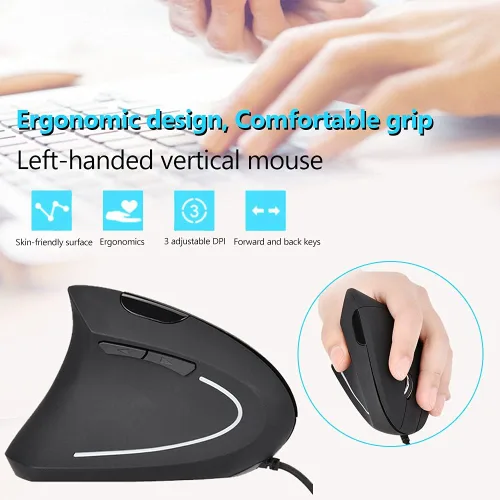 Vista 2 de Ratón ergonómico vertical con cable USB, mouse óptico para zurdos, 3 DPI ajustables 800/1200/1600, 6 botones programables, mouse universal