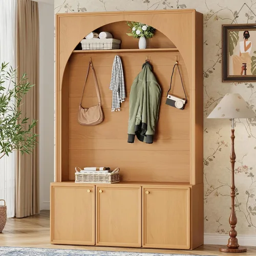 Vista 18 de JIVOIT Farmhouse Wood Hall Tree with Coat Hooks, Cabinets, 4 Drawers, Hooks (Ancient White/ 091)